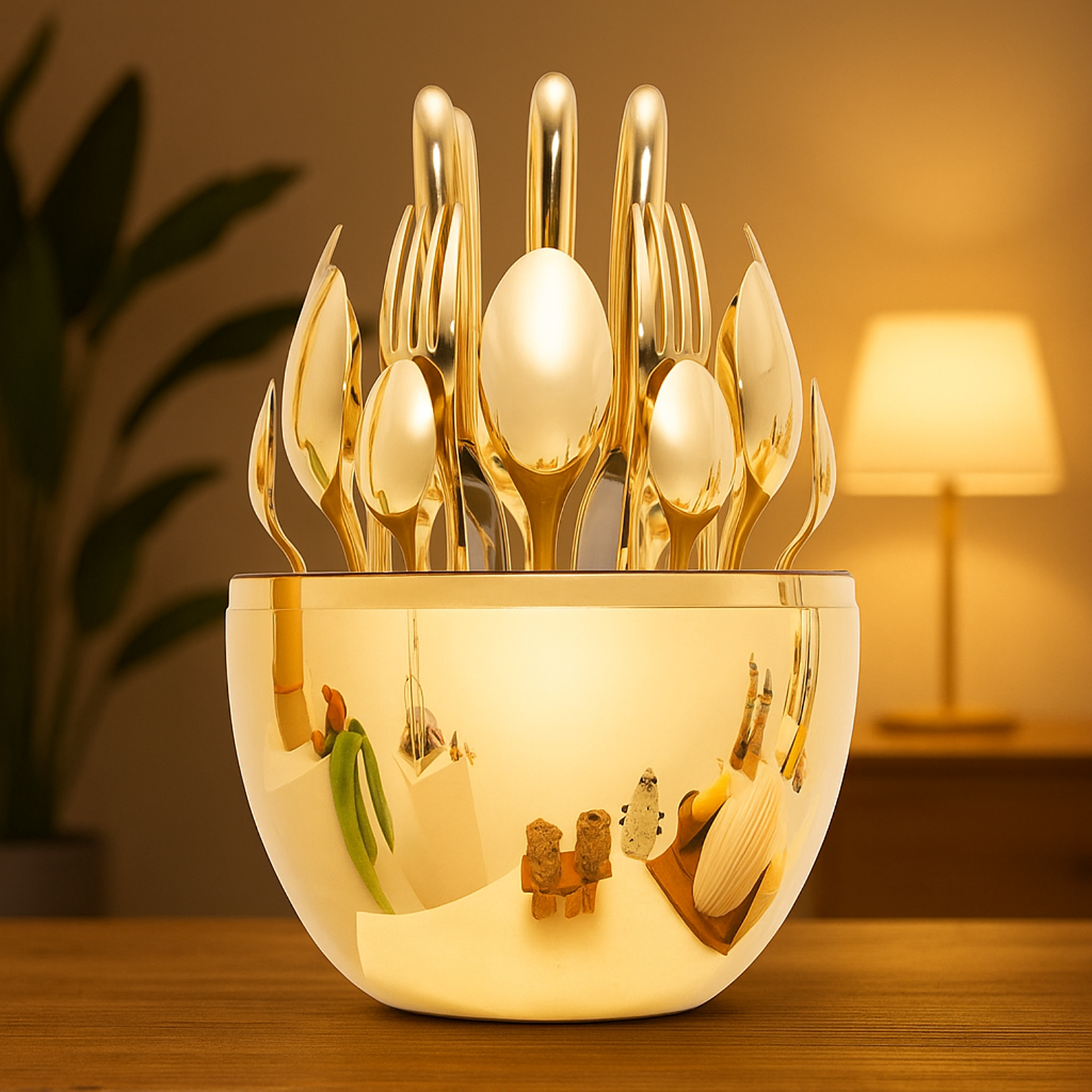 Unique oval-shaped golden stand designed for the premium cutlery set.