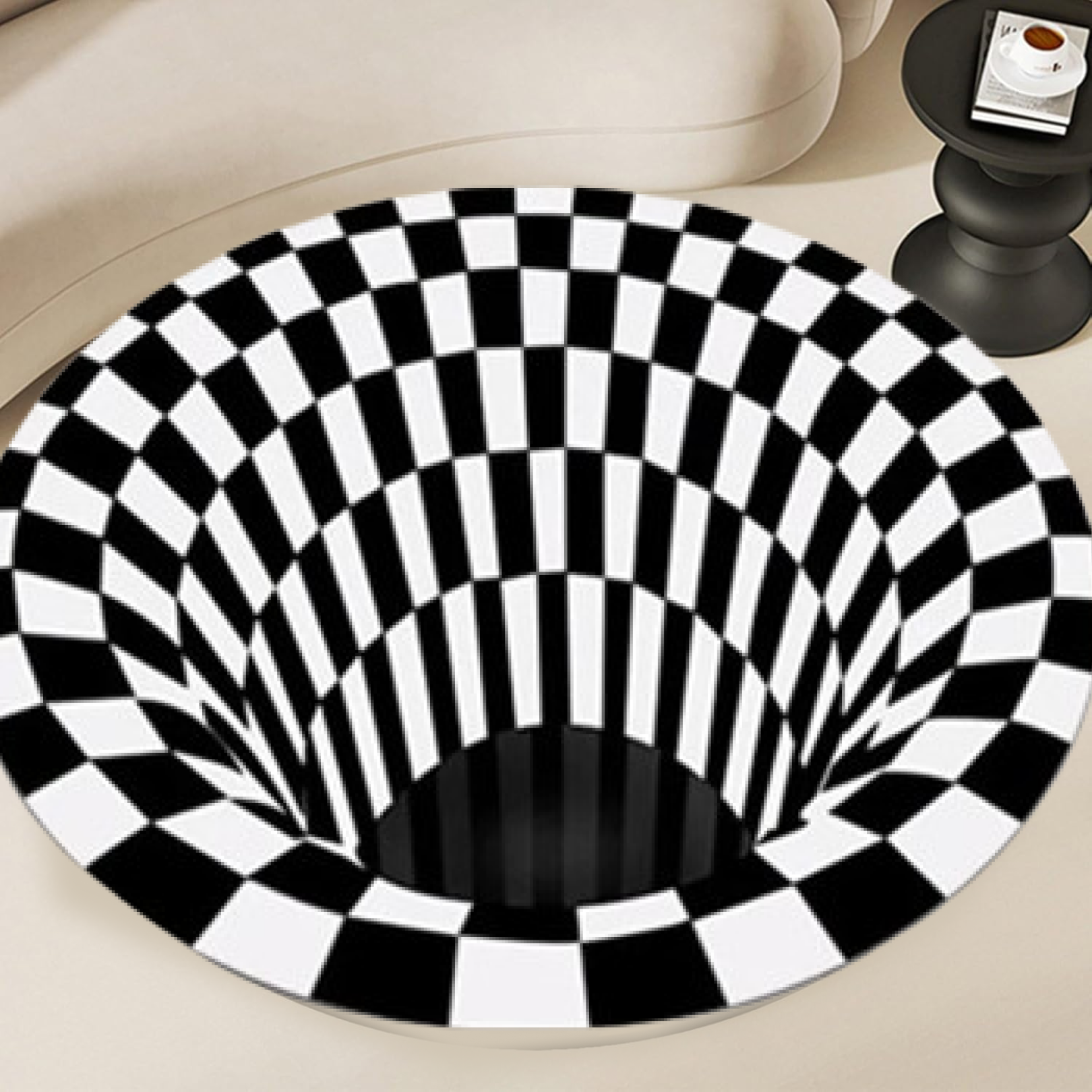 Side angle of 78 cm diameter 3D optical illusion floor rug