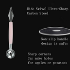 A hand demonstrating fruit carving techniques using a sharp stainless steel tool.