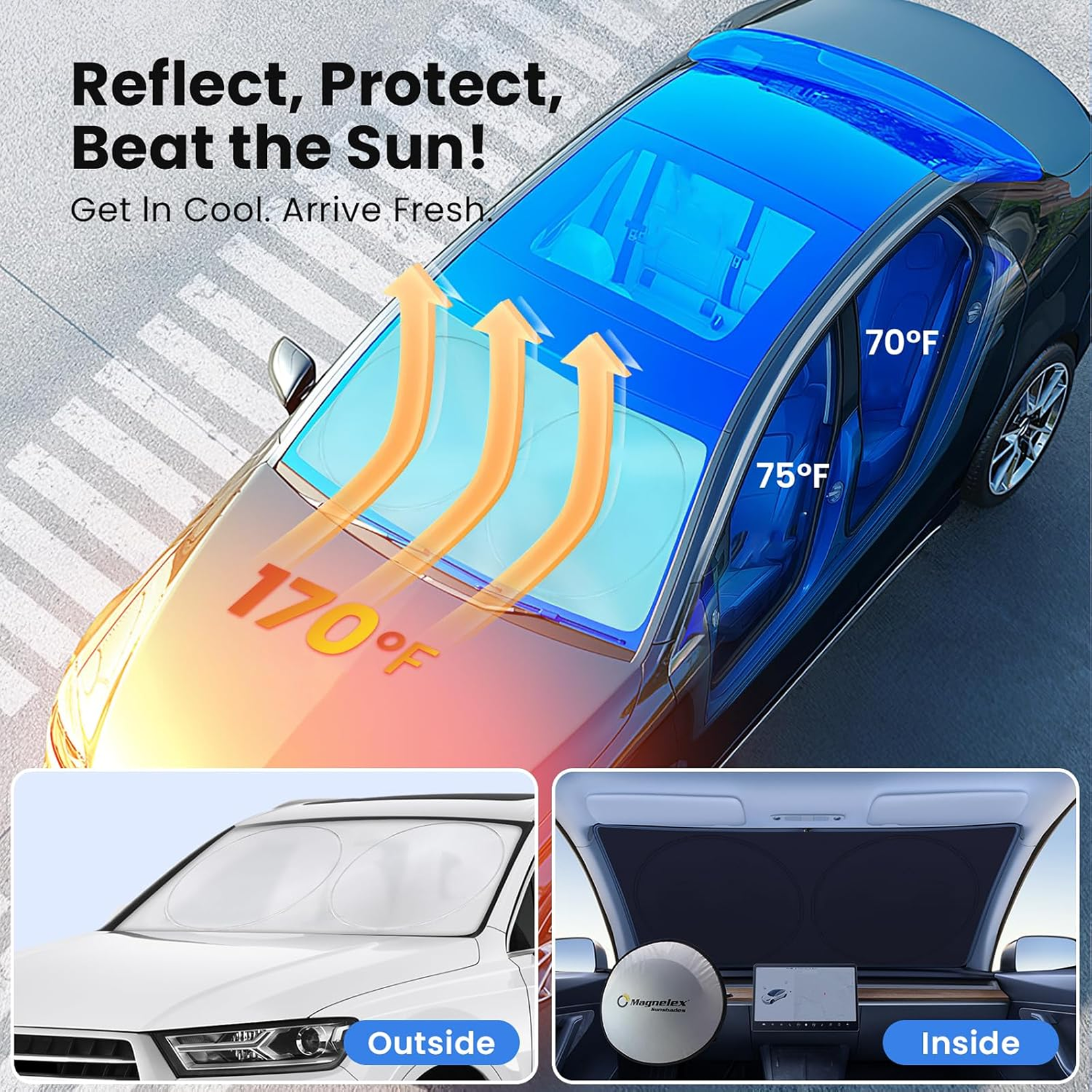 Velvet Wheels Car Windshield Sunshade, main product shot showing its umbrella-like design.