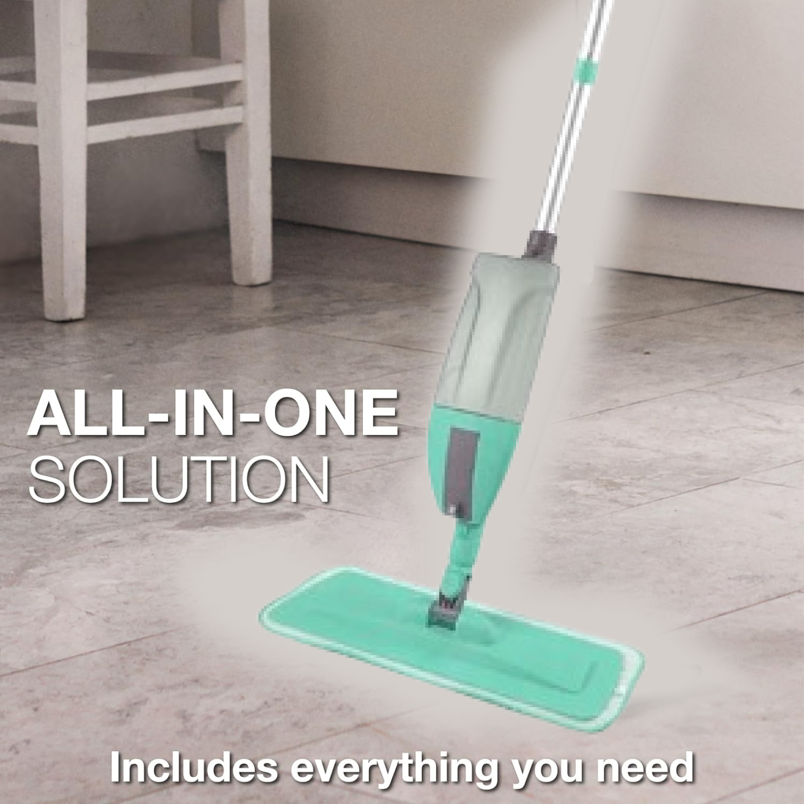 The spray mop standing upright next to a wall, showing its practical height.