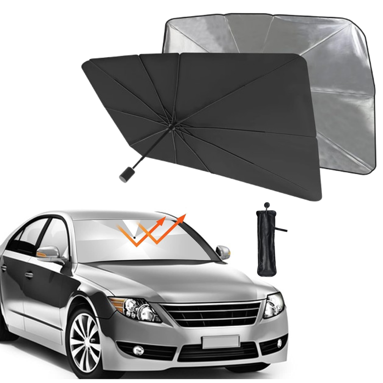 Foldable car sunshade in use, deployed on a car's windshield to block sun.