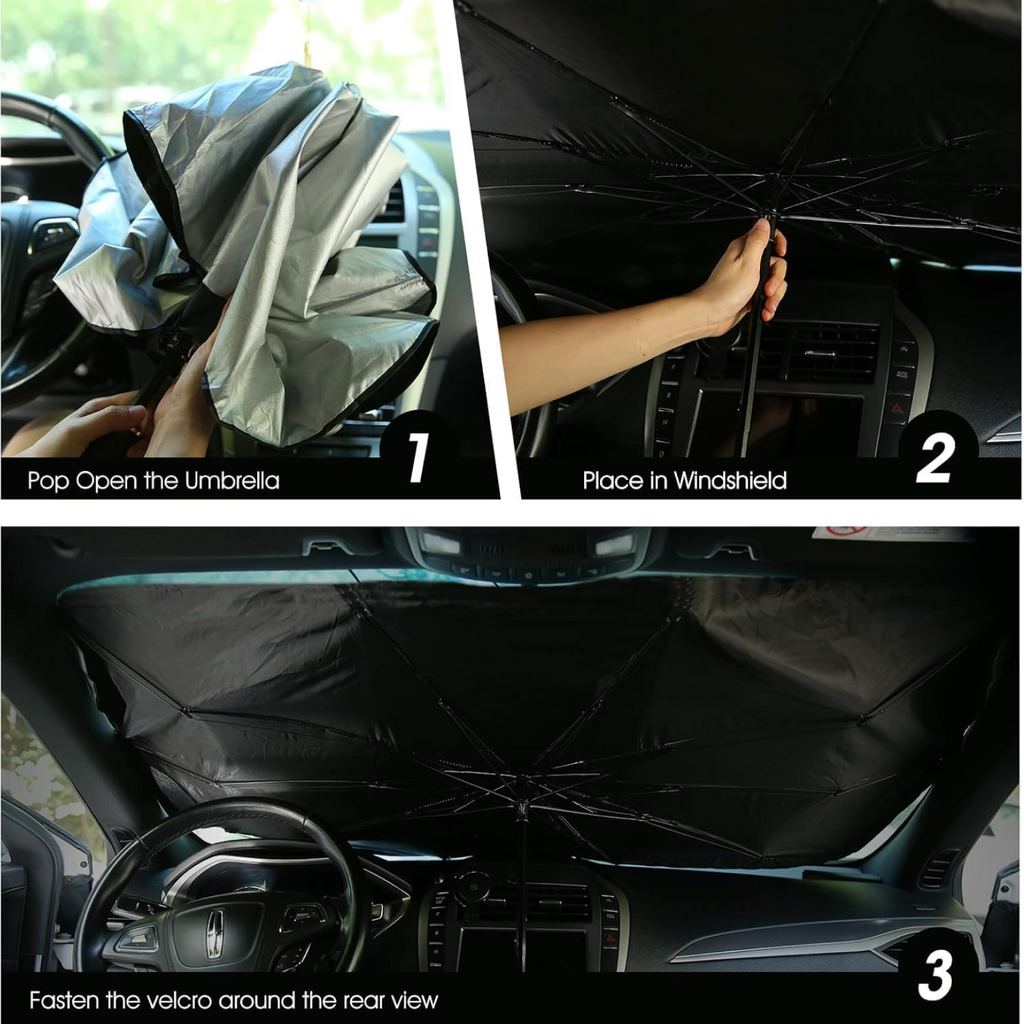 Close-up of the robust handle and mechanism of the windshield umbrella for car.
