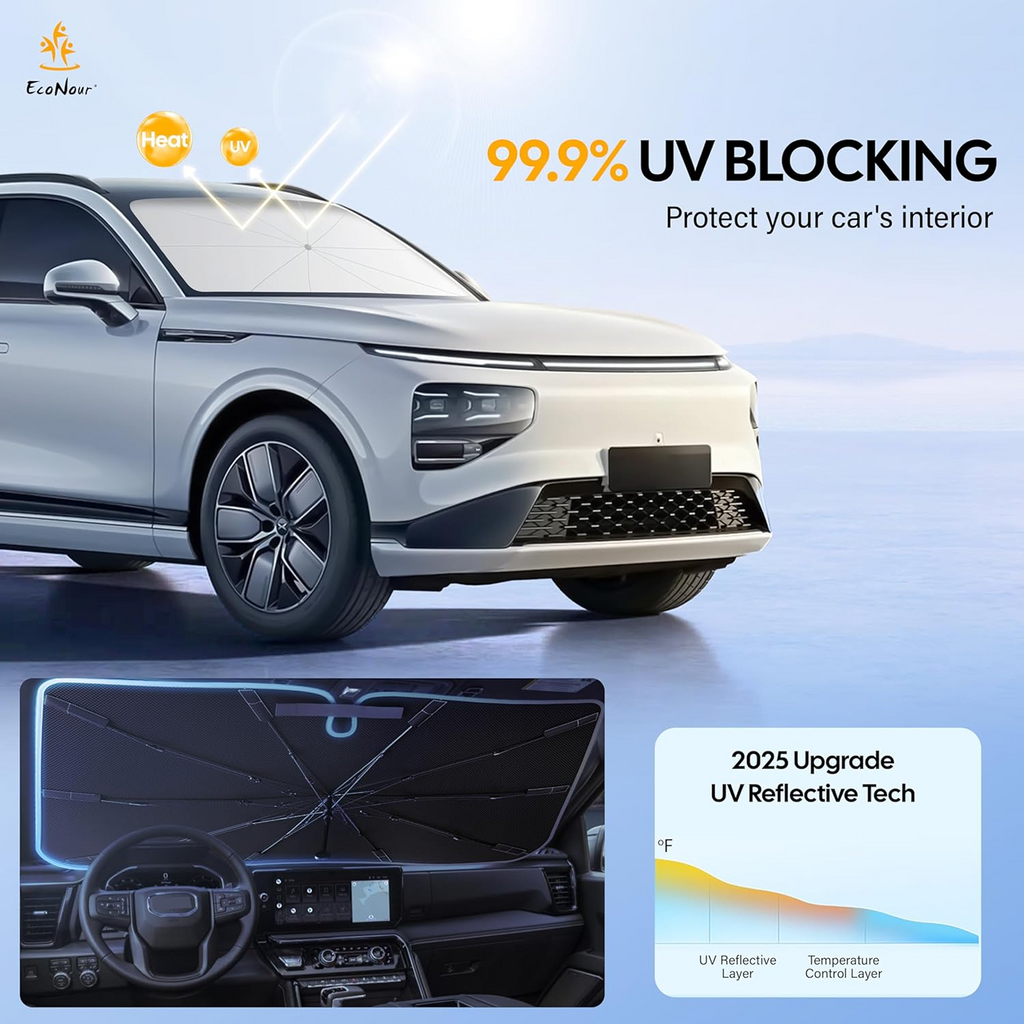 Size reference of the compact foldable car sunshade next to a car's dashboard.