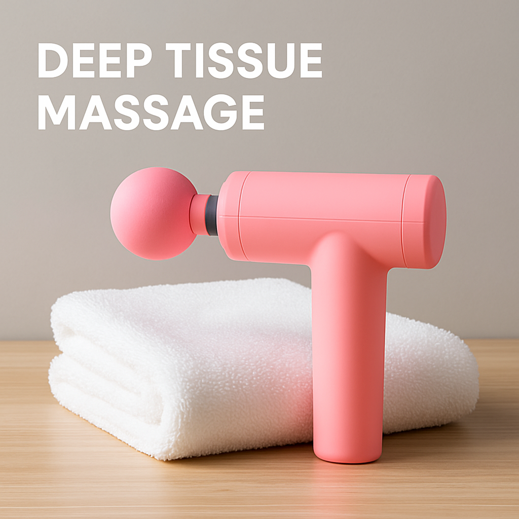 Person using the portable massage gun outdoors, emphasizing on-the-go muscle relief.