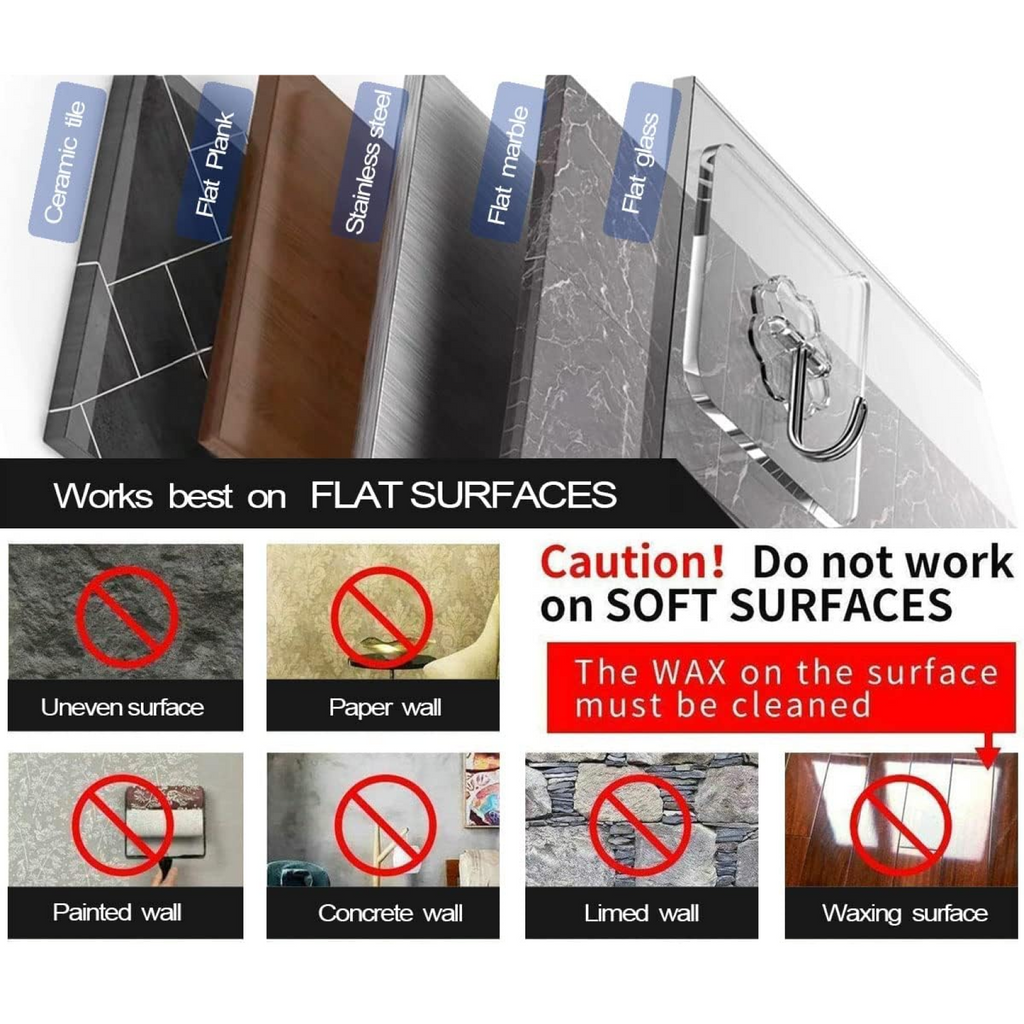 Size reference showing transparent adhesive wall hooks next to everyday items