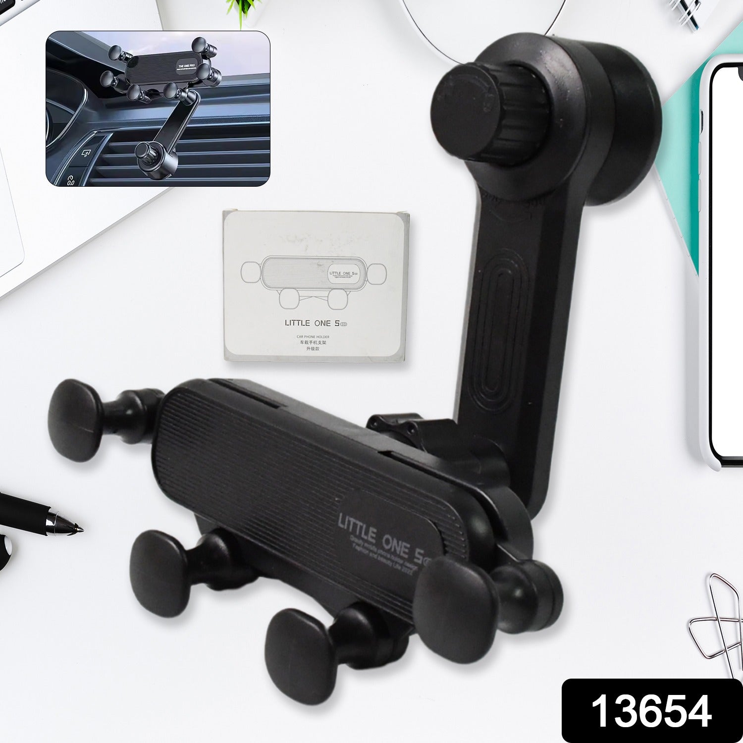 Side view of a car phone holder with gravity-sensing arms gripping a smartphone.