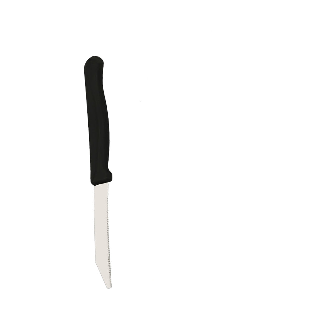 Demonstration of the kitchen knife's sharp stainless steel blade for effortless slicing.