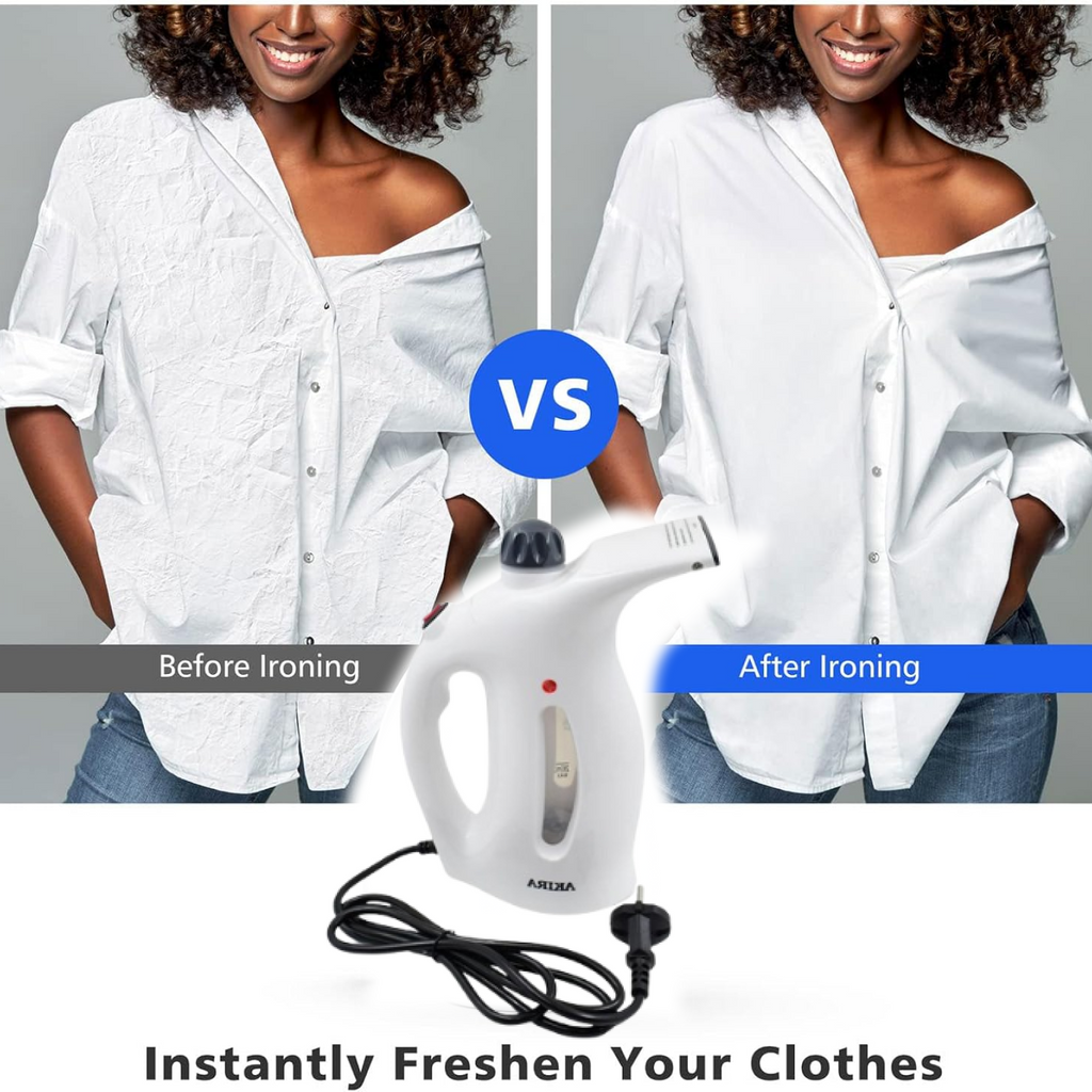 Handheld steamer with a visible water tank, showcasing its user-friendly design and ease of refill.
