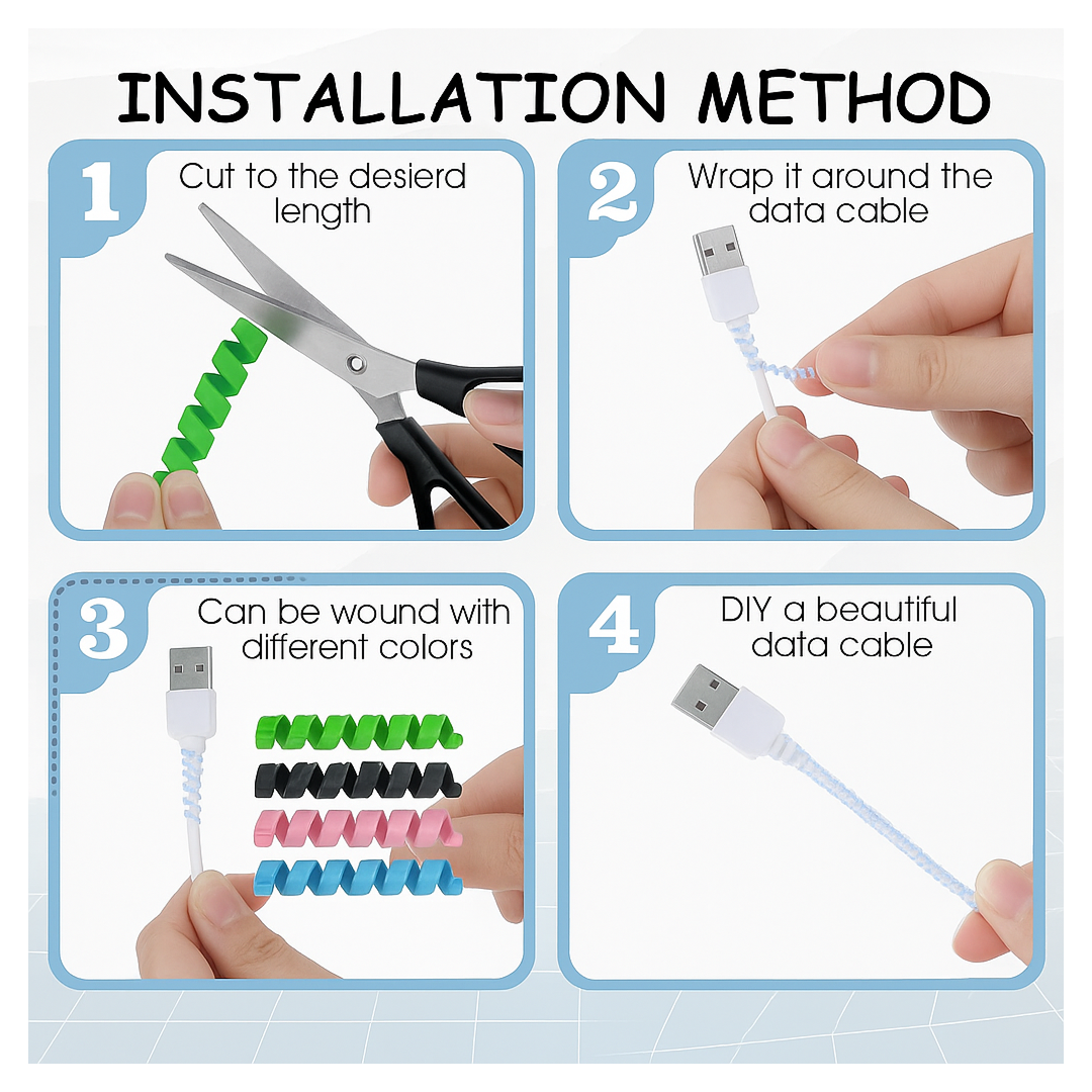 Flexible silicone spiral cable protector safeguarding a phone charger cable.