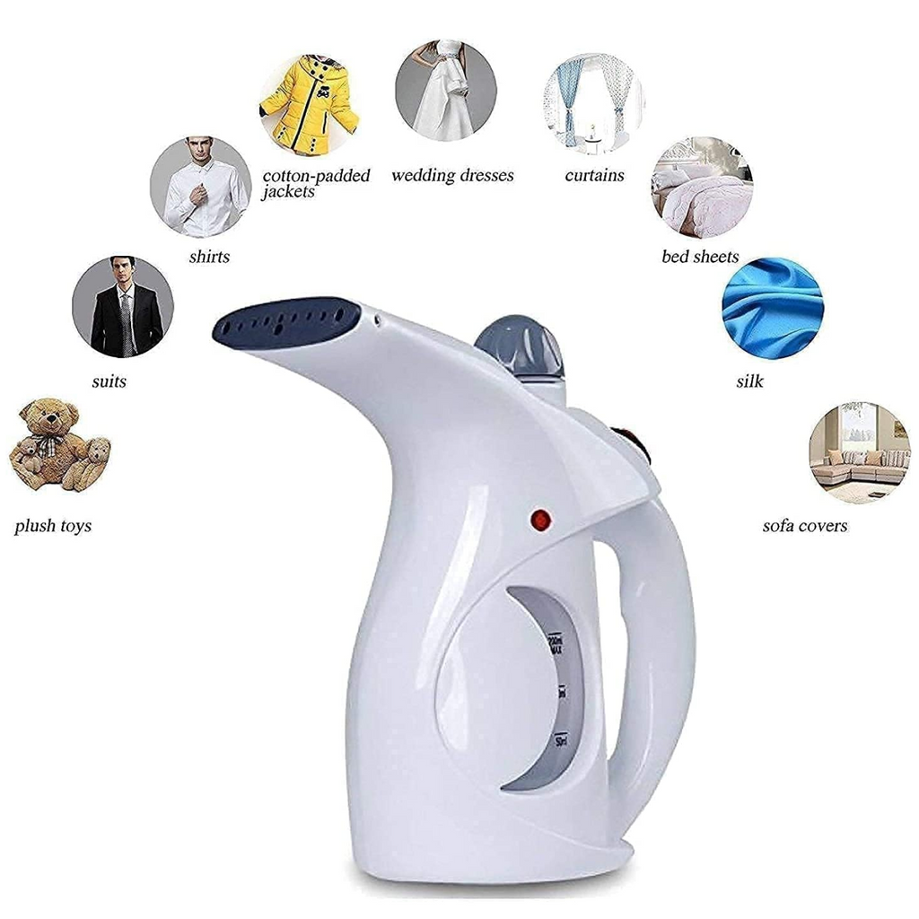 Compact fabric steamer, ideal for quick touch-ups and travel, easily fitting into luggage.
