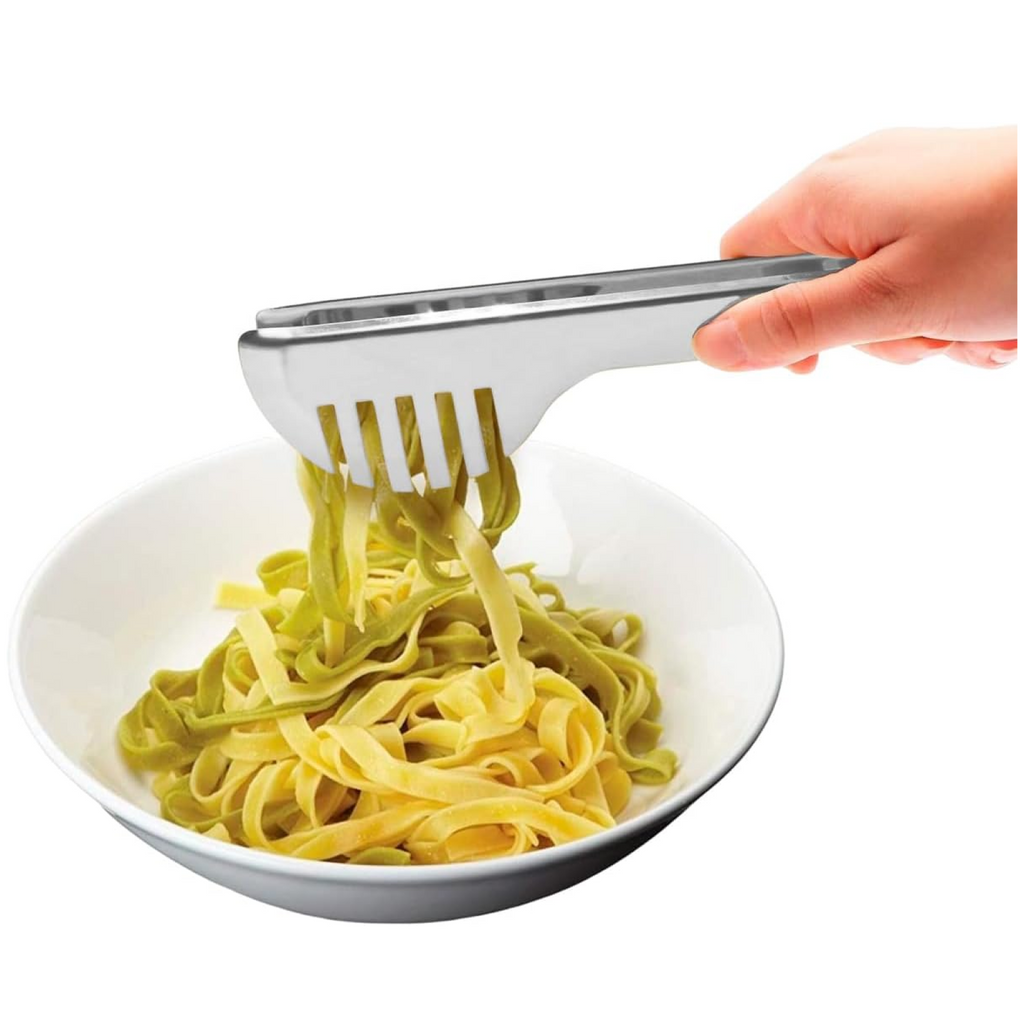 Close-up of 2-in-1 spoon and fork design on stainless steel serving tong