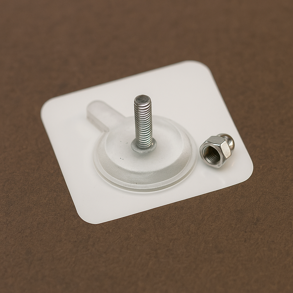 Versatile adhesive screw hook with bolt and nut, suitable for ceiling or wall applications.