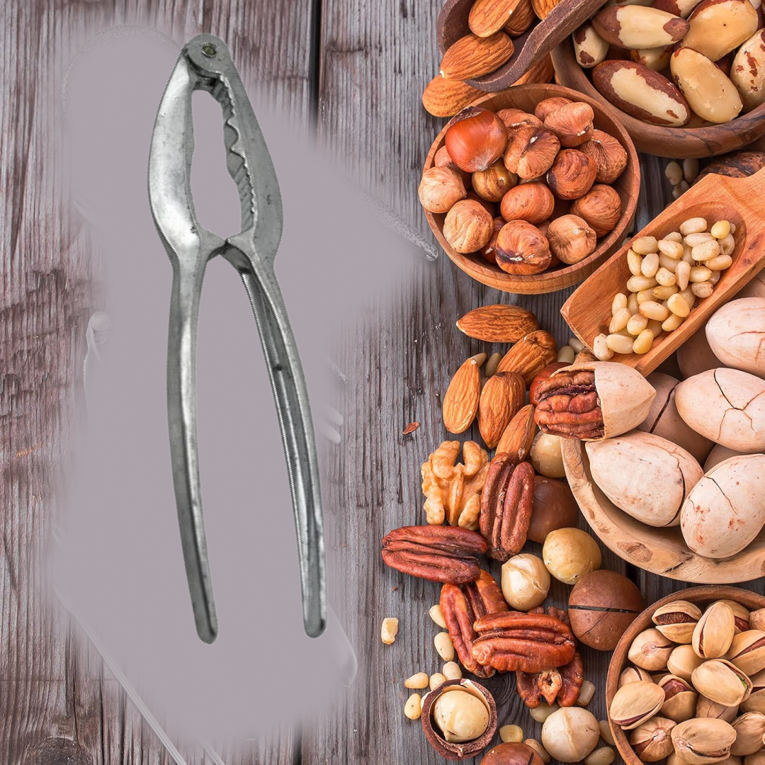 Portable stainless steel nut cracker showcasing its effective pressing grooves.