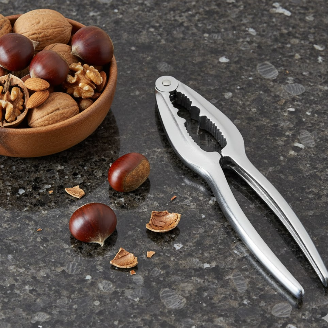 Compact stainless steel nut cracker with multiple grooves for various nut sizes.