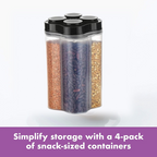 Transparent 4 compartment storage jar filled with grains and dry fruits.
