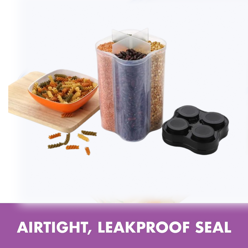 Top view of the 4 section food storage container highlighting the compartments and lid.