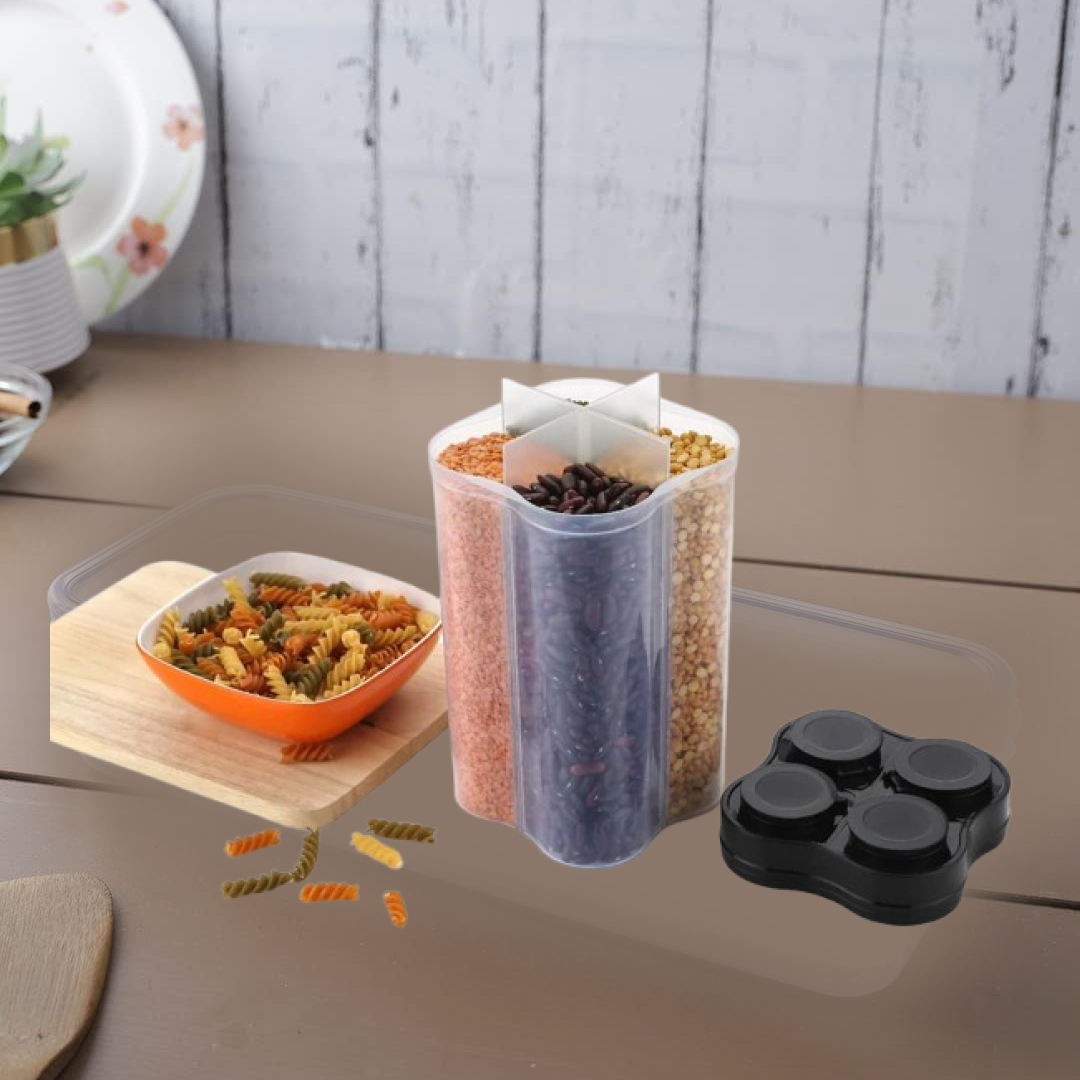 Durable food-grade plastic construction of the airtight 4 section storage jar.