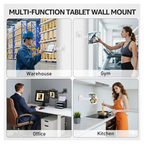 A mobile device securely held by the adjustable tablet stand for hands-free viewing.