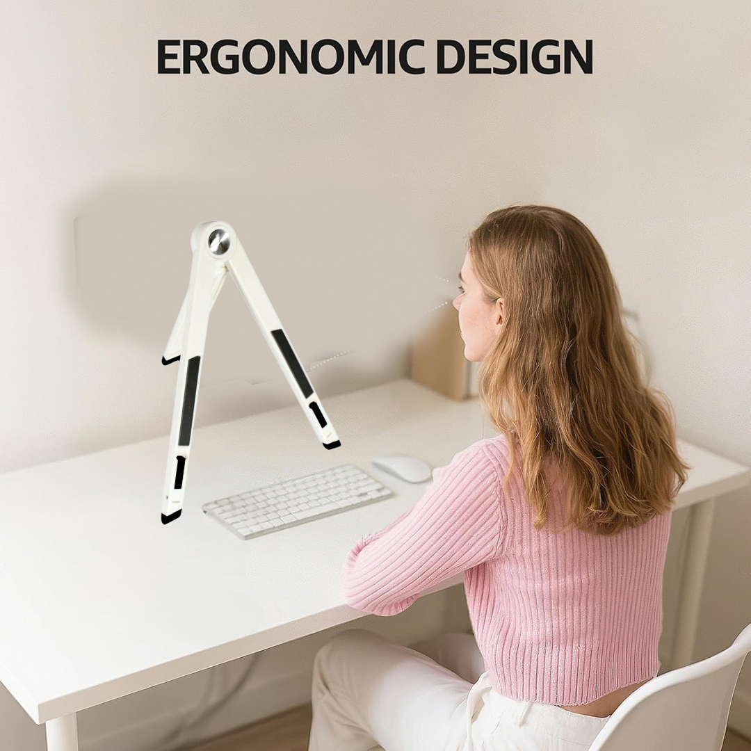 Portable foldable tablet stand showcasing its travel-friendly size.