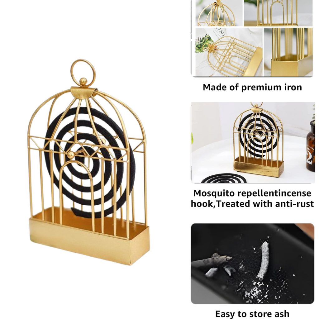 A lit mosquito coil safely burning inside the decorative birdcage holder.
