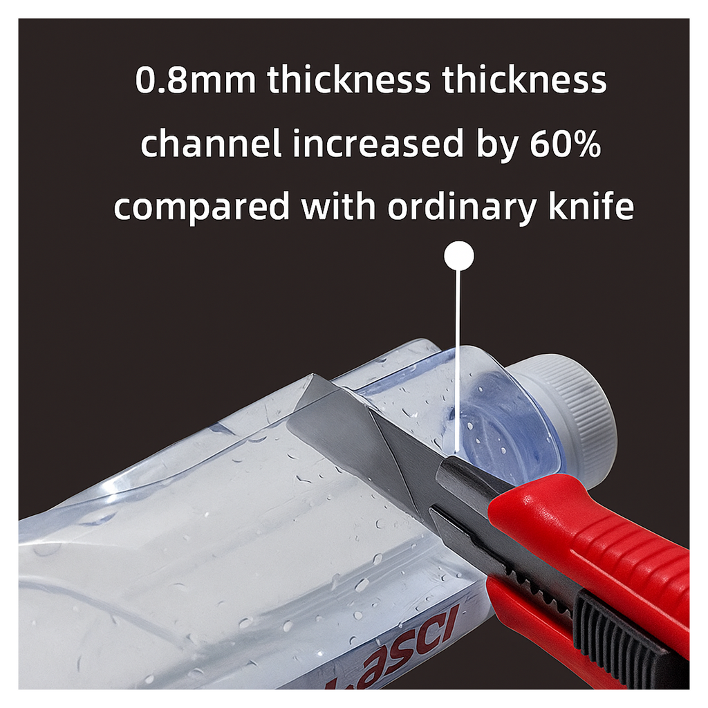 Cutter knife precisely cutting through cardboard, demonstrating its sharp 18mm blade.