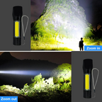Close-up of the bright LED beam of the rechargeable emergency light.