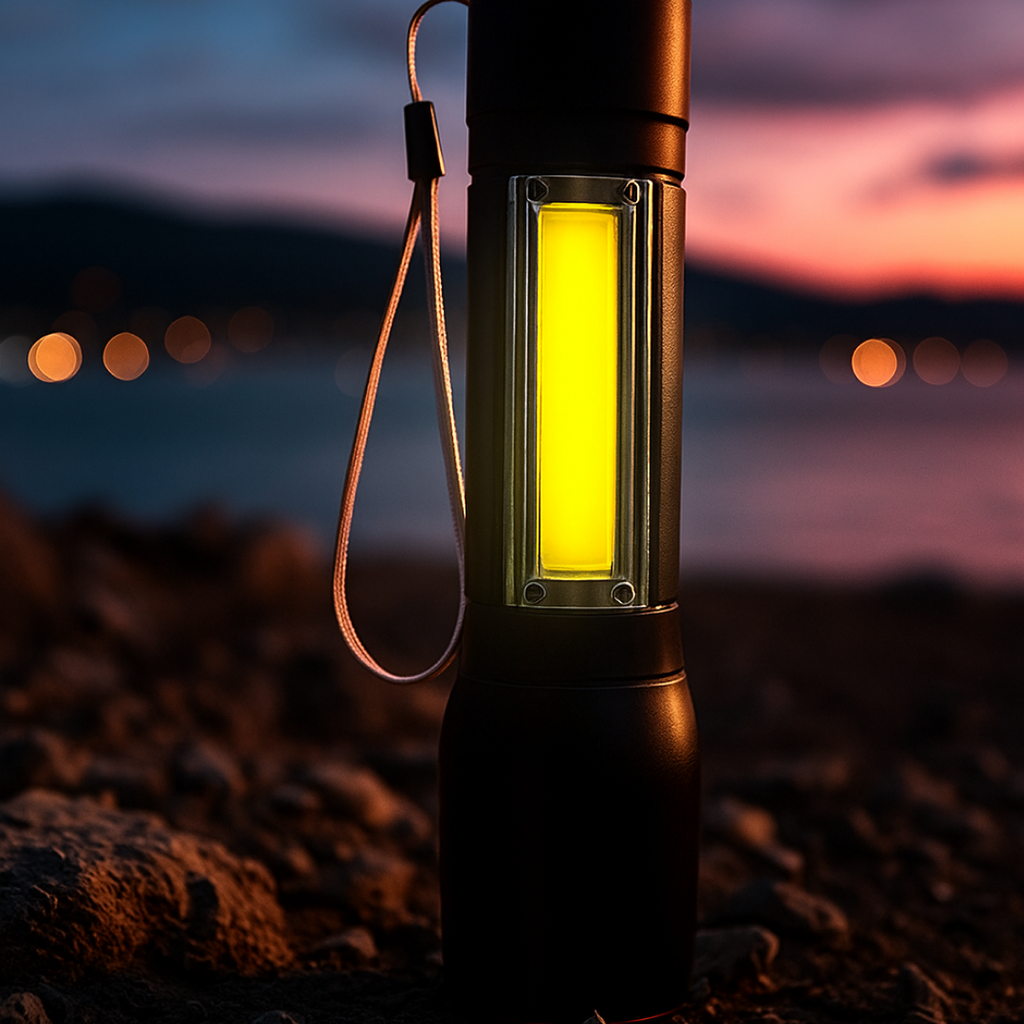 Compact rechargeable flashlight held in hand to show its convenient size.