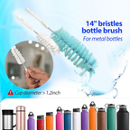 Ergonomic long handle bottle brush effectively cleaning the inside of a tall bottle.