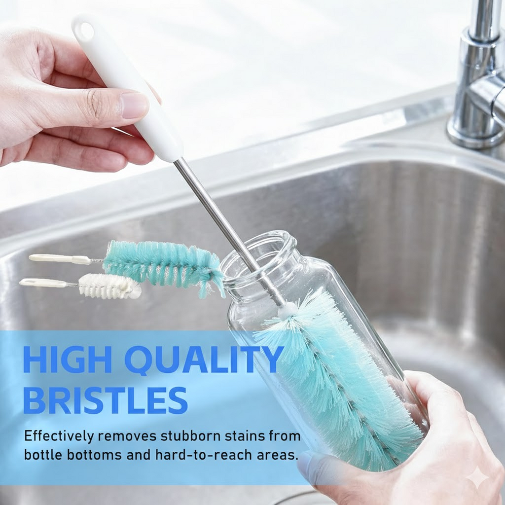 Close-up of BPA-free natural nylon fiber bristles on the bottle cleaning brush.