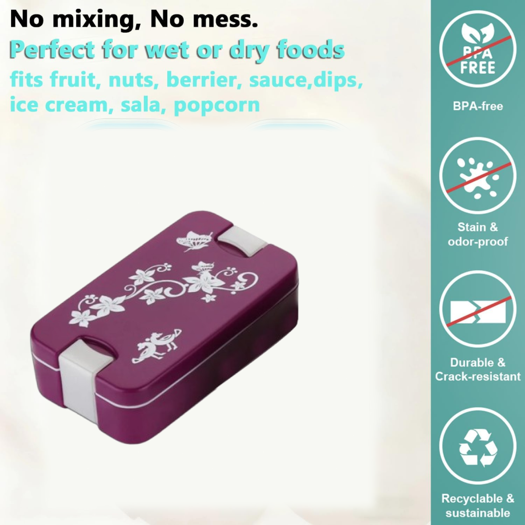 Close-up of the leak-proof seal and locking mechanism on the 2-compartment food container.
