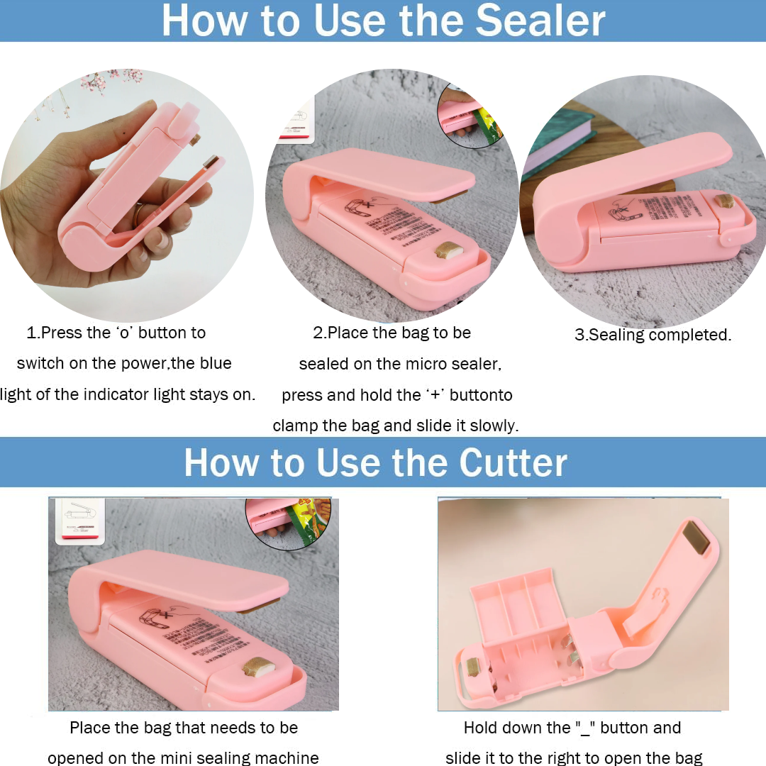 Infographic detailing the dimensions and features of the Mini Plastic Bag Sealer.