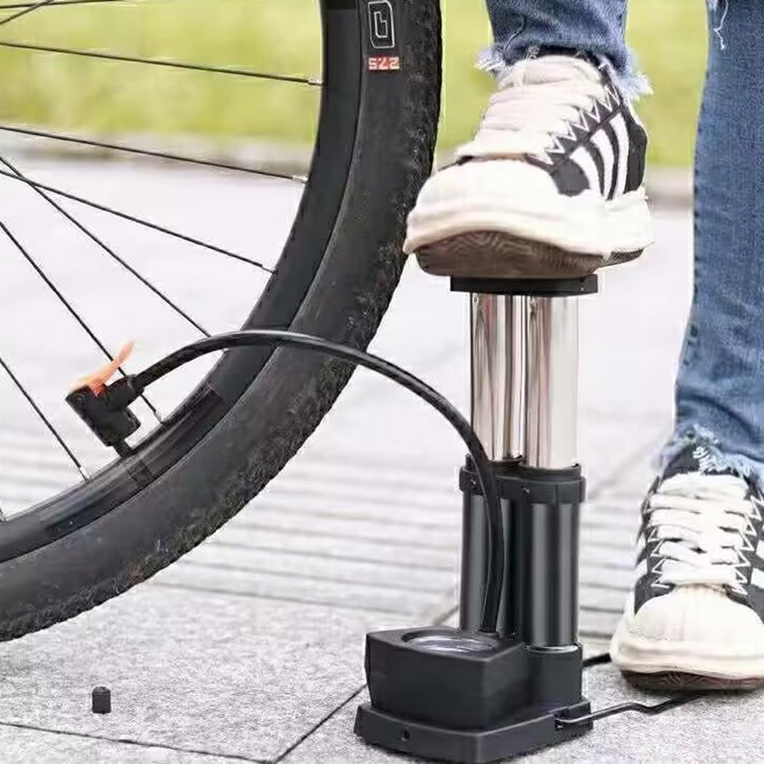Close-up view of the accurate pressure gauge on the Mini Foot Pump.