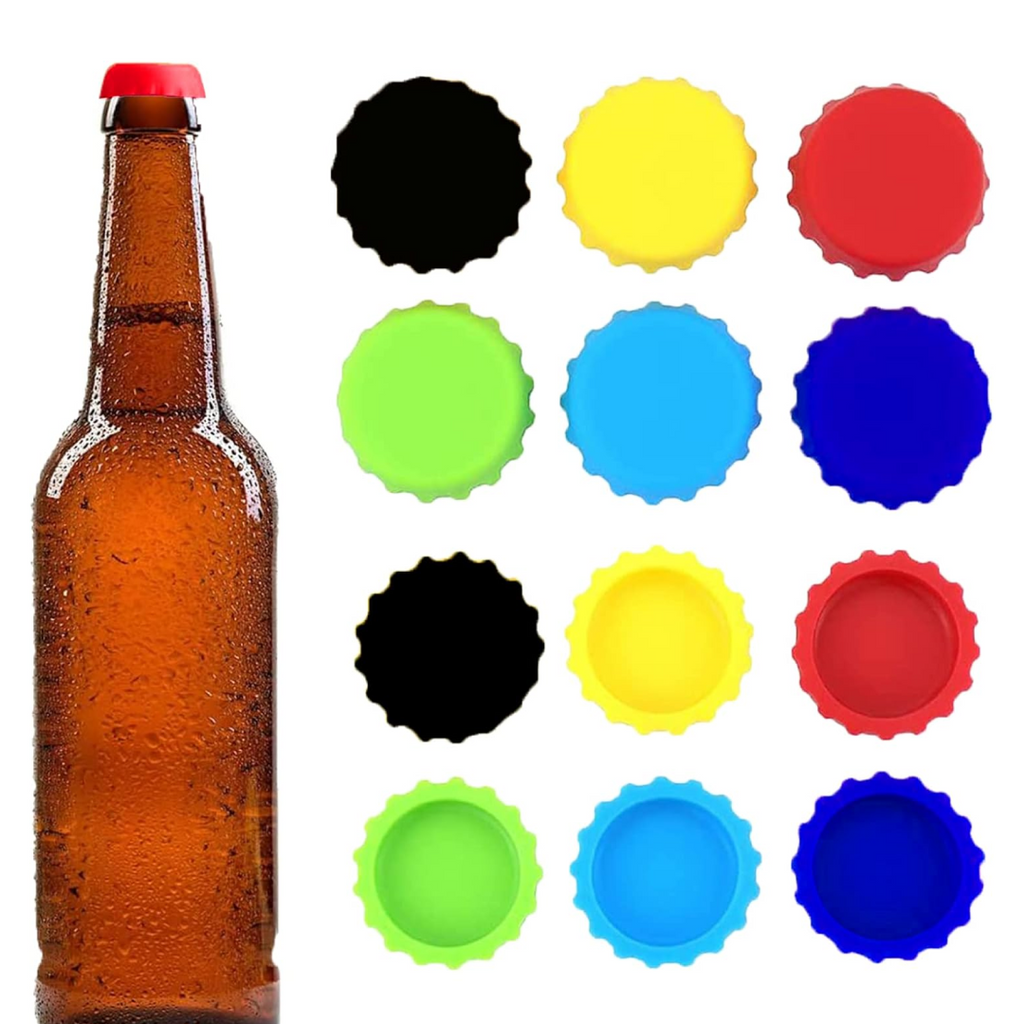 Colorful set of six reusable silicone bottle caps displayed.