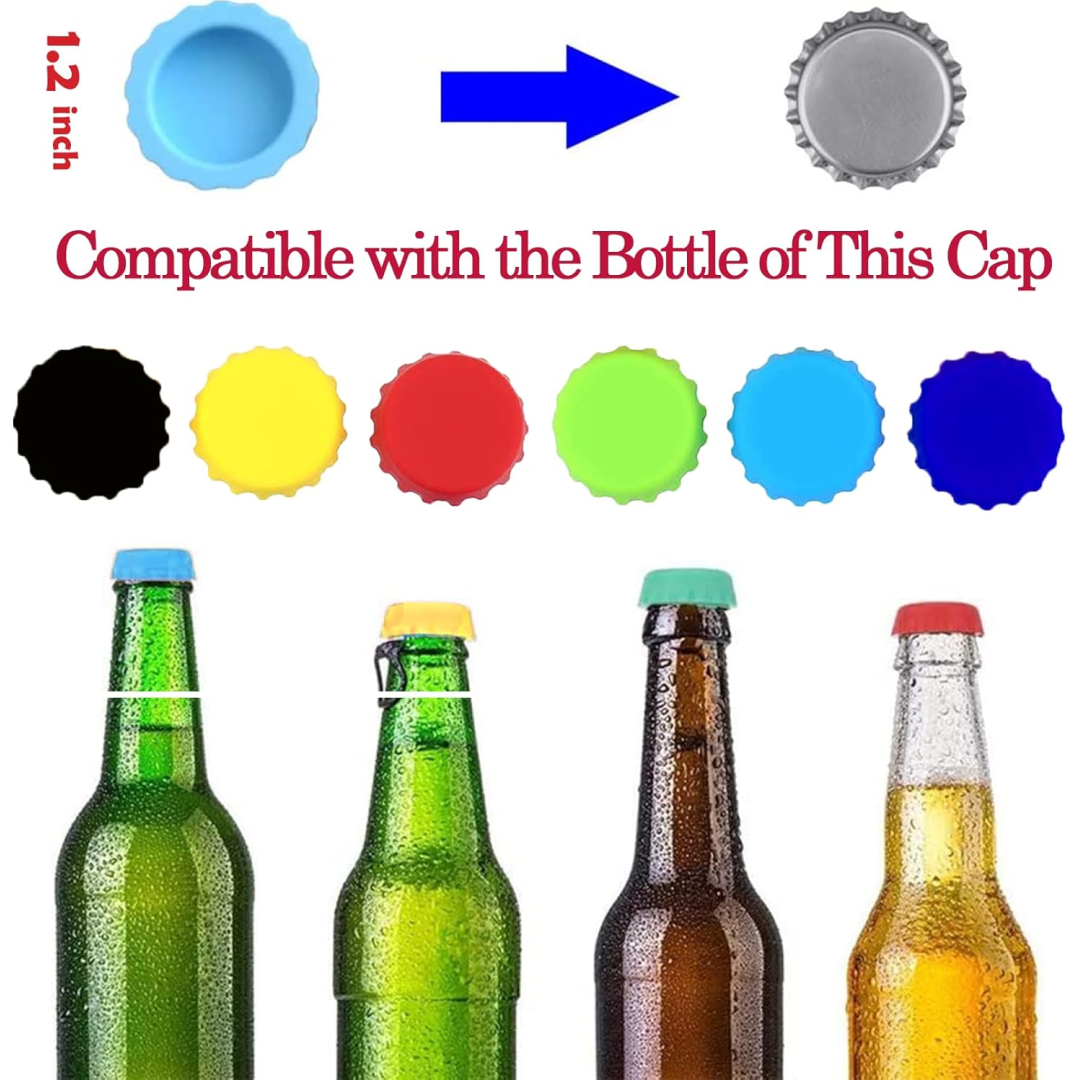 Arrangement of six bright silicone beer saver caps on a clean surface.