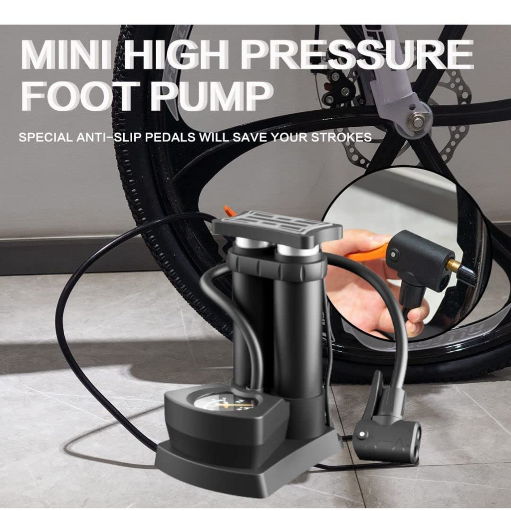 Safora foot-operated bike pump in action, inflating a bicycle tire with ease.
