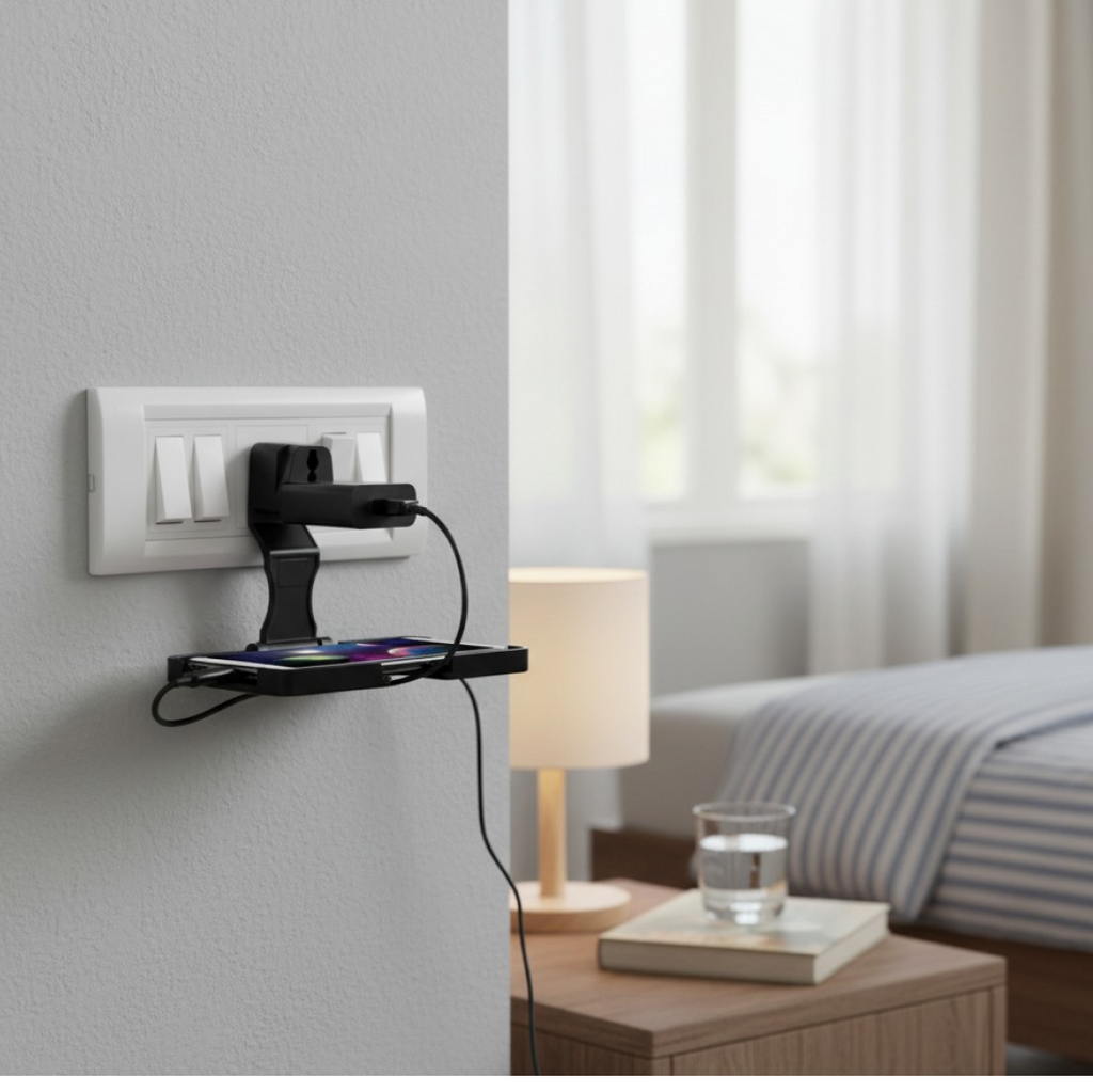 Detailed view of the foldable mechanism on the PHOBIA black mobile charging wall holder.