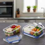 Front view of the transparent, BPA-free lunch box with secure 4-side locking mechanism.