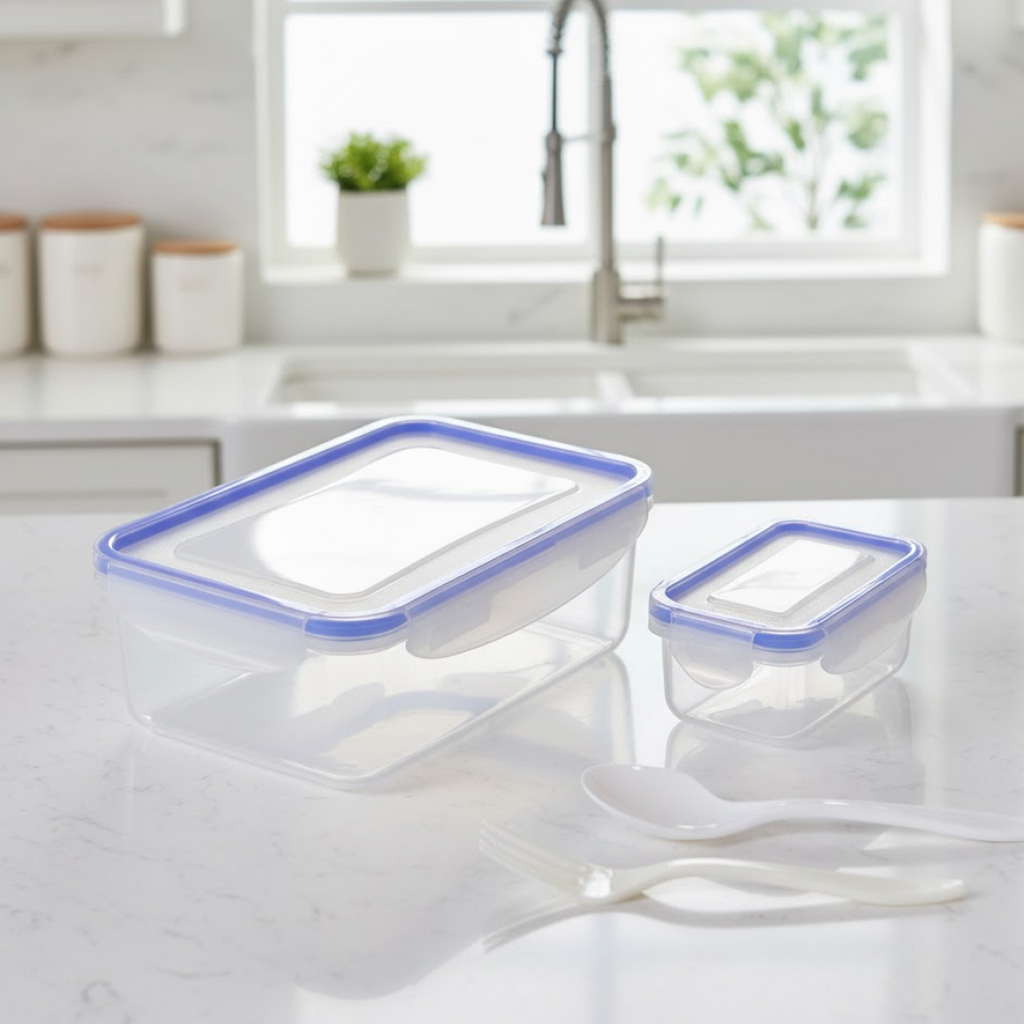 Detailed view of the lunch box parts, including the lid, base, and secure locking clips.