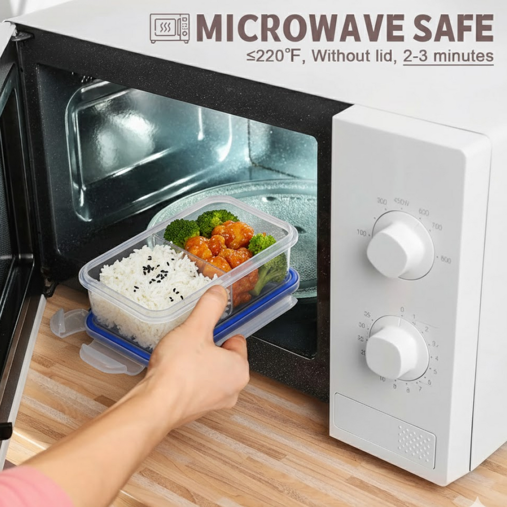 Side angle of the multipurpose food container, highlighting the removable small inner square container.