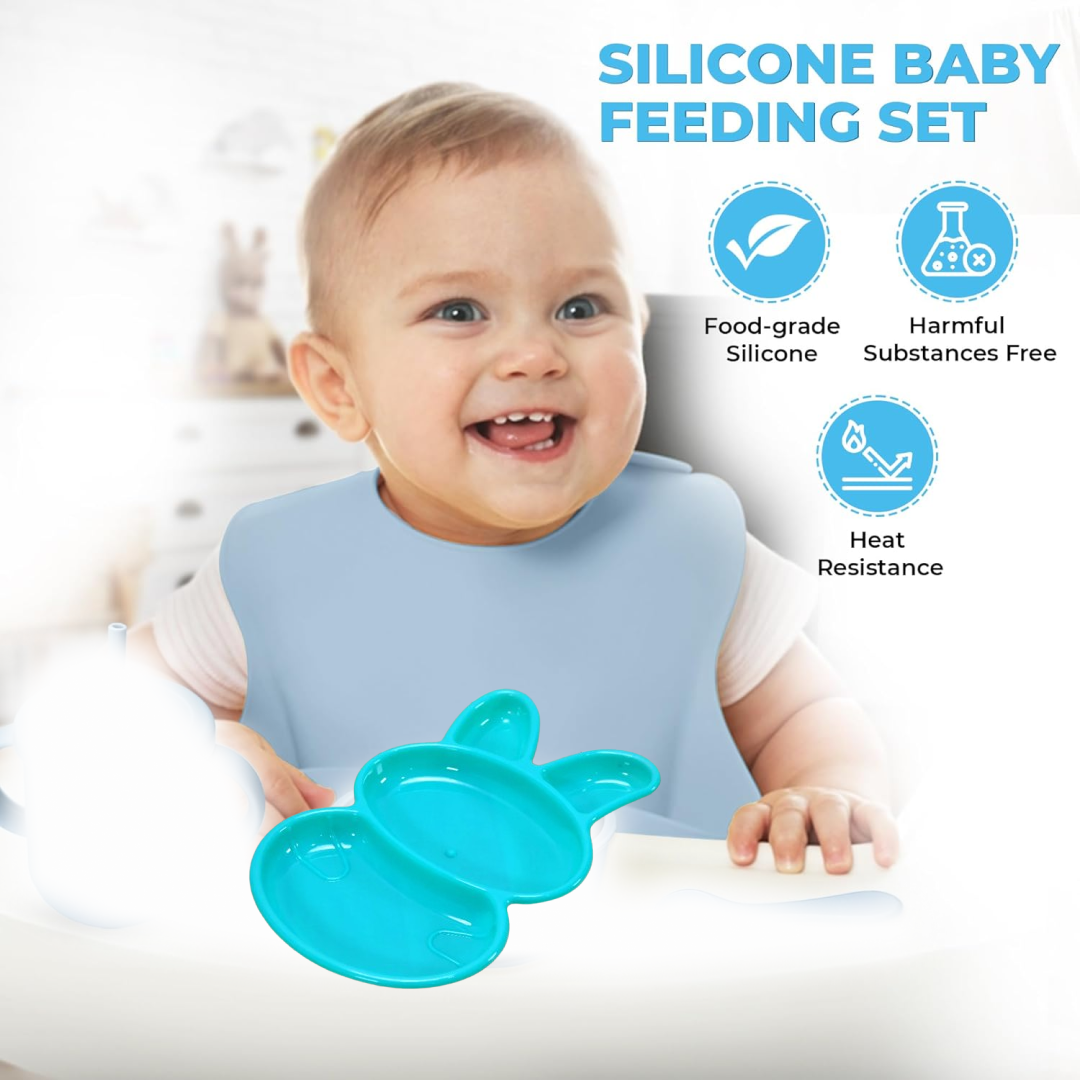Multicolor kids' dinnerware set, showcasing the individual rabbit plates.