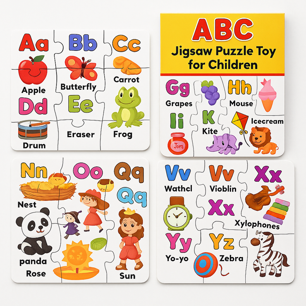 Close-up of an ABC jigsaw puzzle piece showing letter 'A' and an apple.