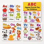 Close-up of an ABC jigsaw puzzle piece showing letter 'A' and an apple.