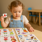 Child's hands playing with an ABC letter jigsaw puzzle, enhancing skills.