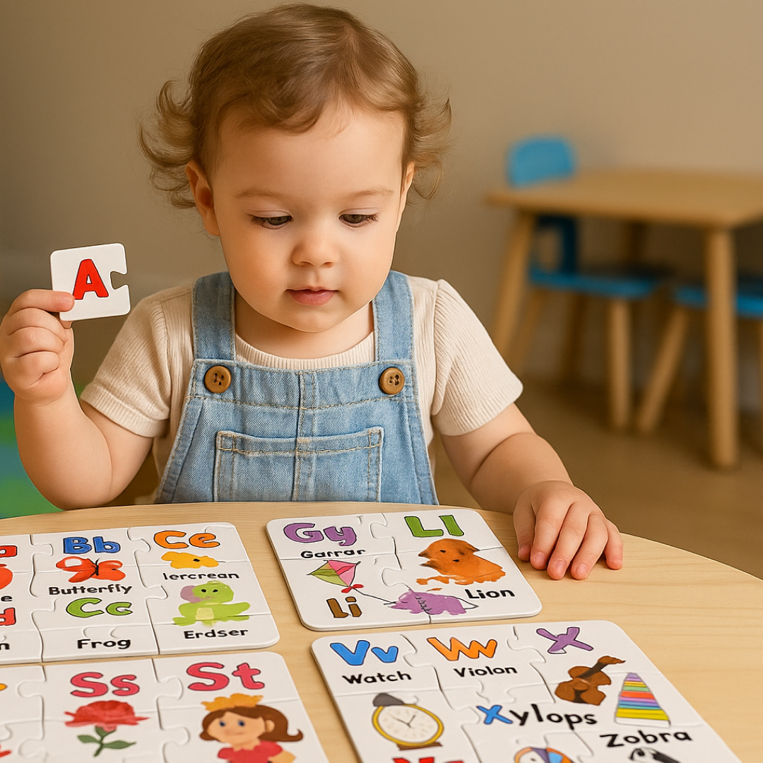 Child's hands playing with an ABC letter jigsaw puzzle, enhancing skills.