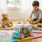 Illustrated transparent musical school bus toy highlighting internal moving gears.