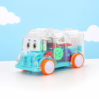 Child engaging with the transparent musical school bus toy, learning through play.