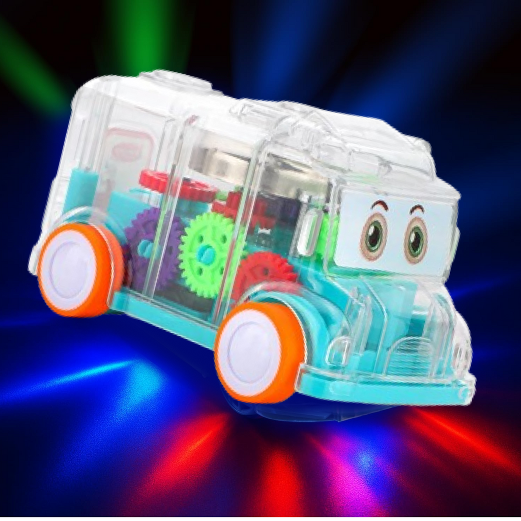 Diagram showing technical specifications and dimensions of the gear bus toy.