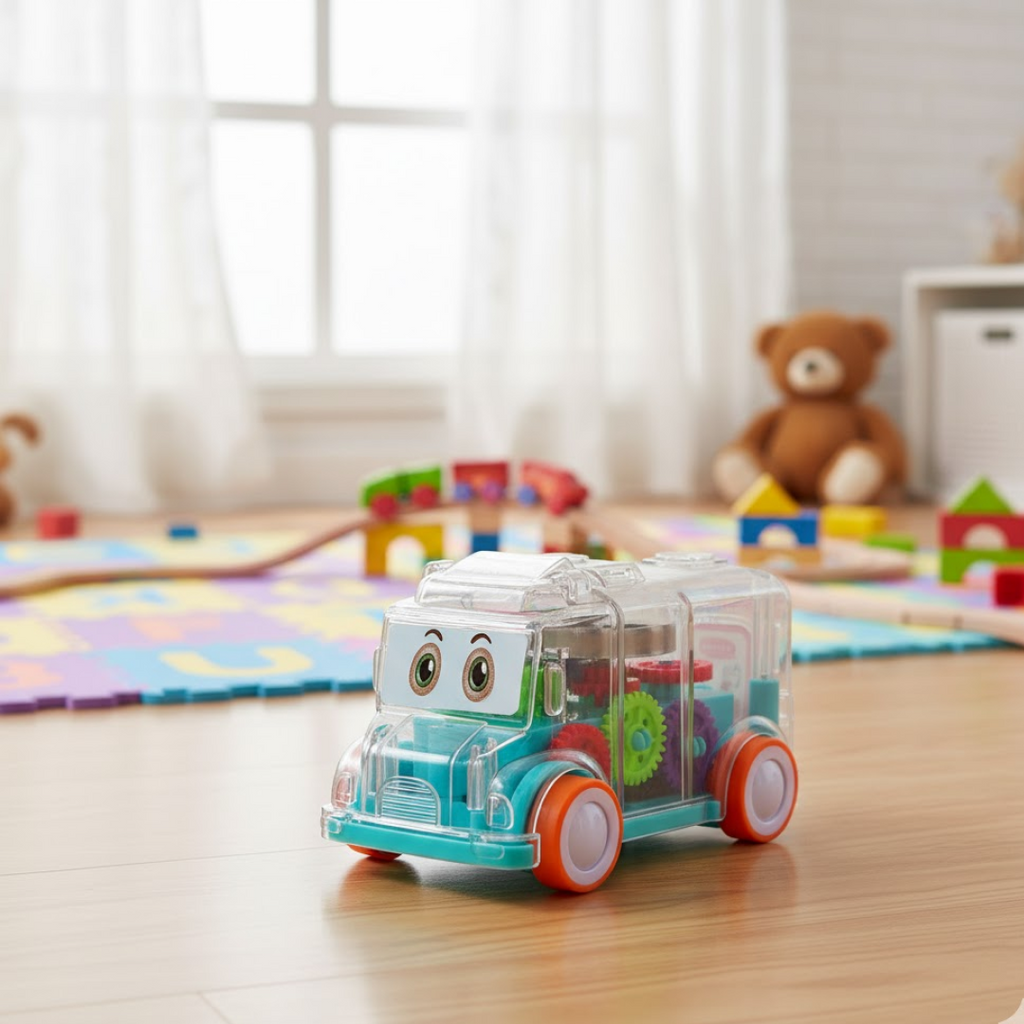 Infographic detailing the educational benefits of the transparent gear bus toy.