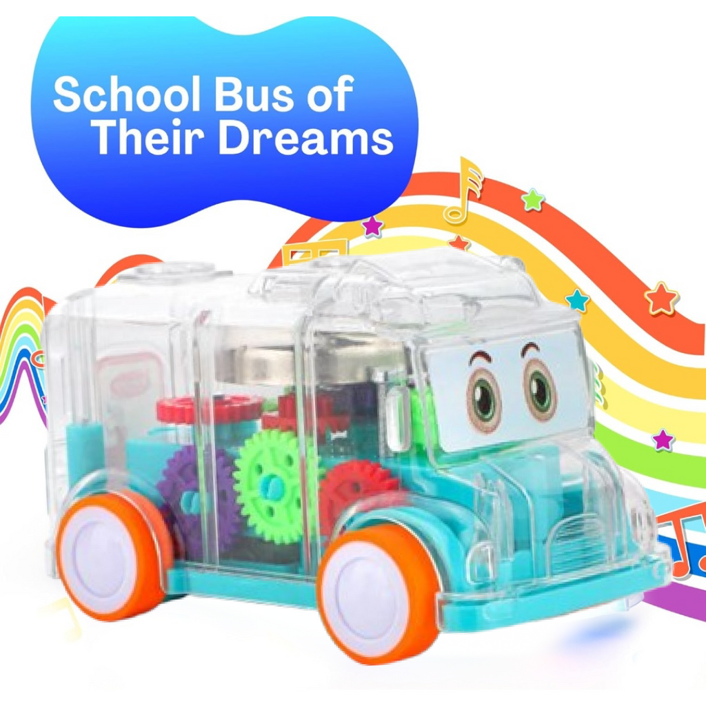 Diagram showcasing detailed features of the transparent musical gear bus toy.